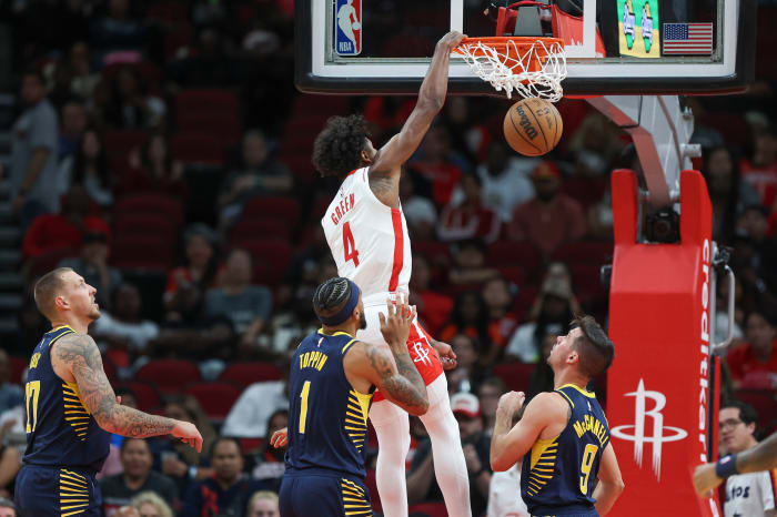 Rockets guard Jalen Green dunks the ball during the third quarter against the Indiana Pacers at Toyota Center.